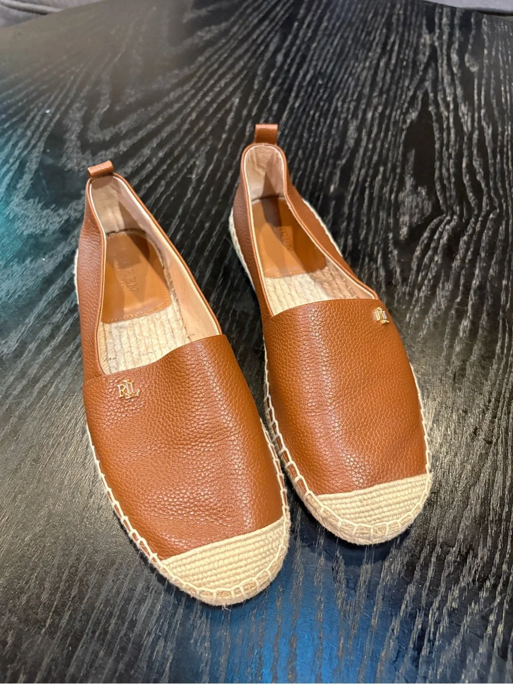 Lauren Ralph Lauren Cameryn IV Tumbled Leather Espadrille Size 7 Camel